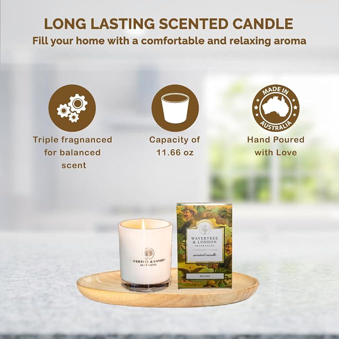 Wavertree & London Organic Havana Scent Soy Wax Candle | Non Toxic 100% Cotton Wick Triple Scented Pure Natural Soy Wax Candles, Hand Poured in Australia | 60 Hours Burning Time, 11.66 Oz