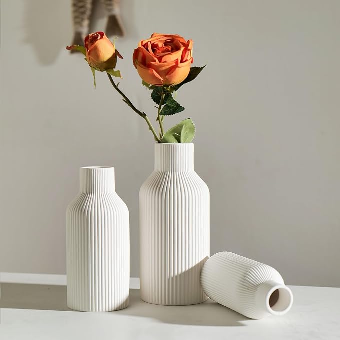 Bohemian White Ceramic Vase - for Pampas Grass, Mantel, Bookshelf, Entryway and Living Room Decor (White, 8in)
