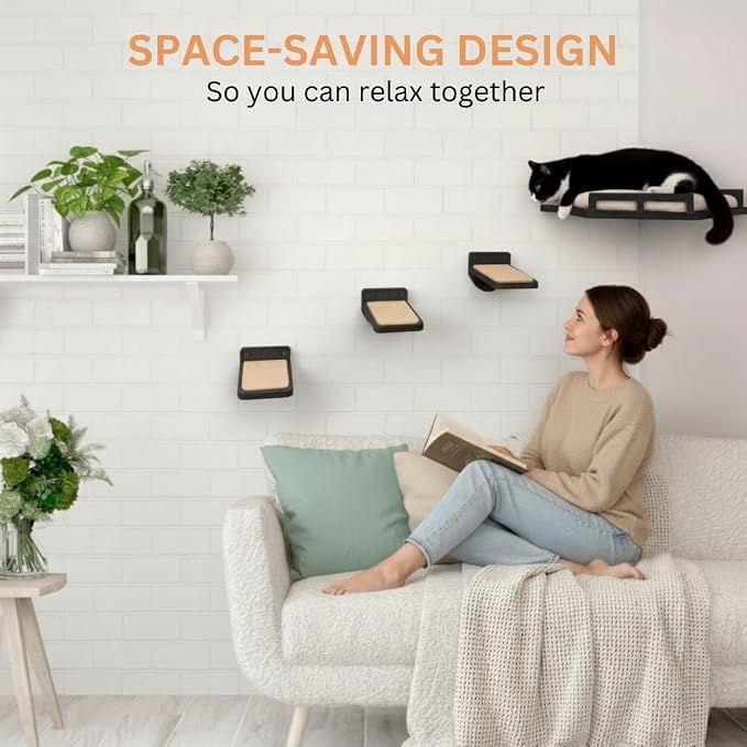 INICIO Cat Wall Shelves - Corner Shelf with 3 Cat Wall Steps - Black | Safe and Sturdy Cat Shelves for wall, Steps and Shelf for Indoor Cats up to 15lbs - Cushioned Perch for Climbing and Playing