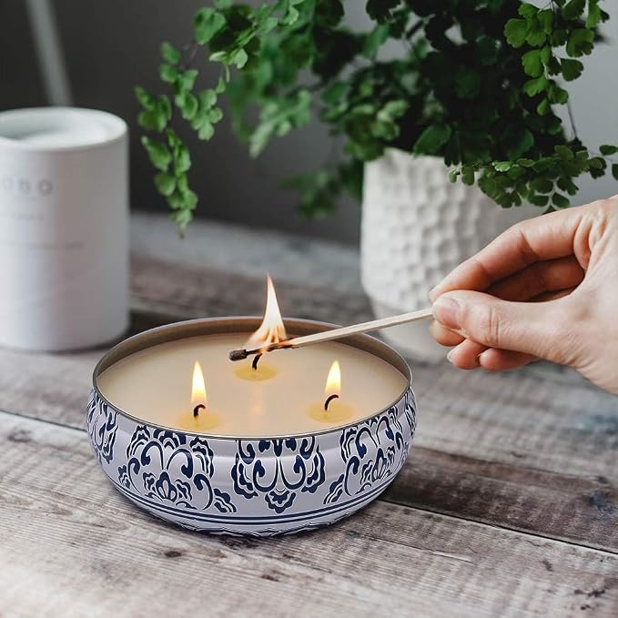Citronella Candles Outdoor, Large 3-Wick 13.5oz Soy Wax Candle in Blue and White Container for Summer Patio Porch, 3 Packs
