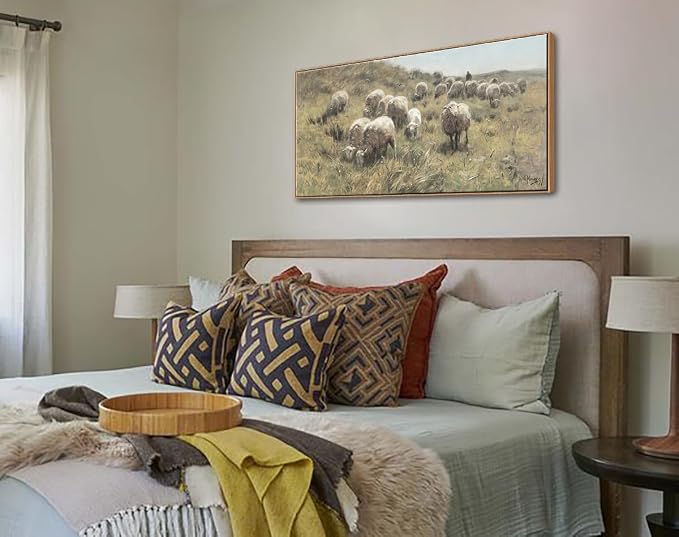 Farmhouse Framed Wall Art, Vintage Sheep on the Dunes Picture, 20x40 Inch | Classic Shepherd & Flock Canvas Painting, Large Country Animal Landscape Print, Rustic Artwork for Living Room Bedroom Decor