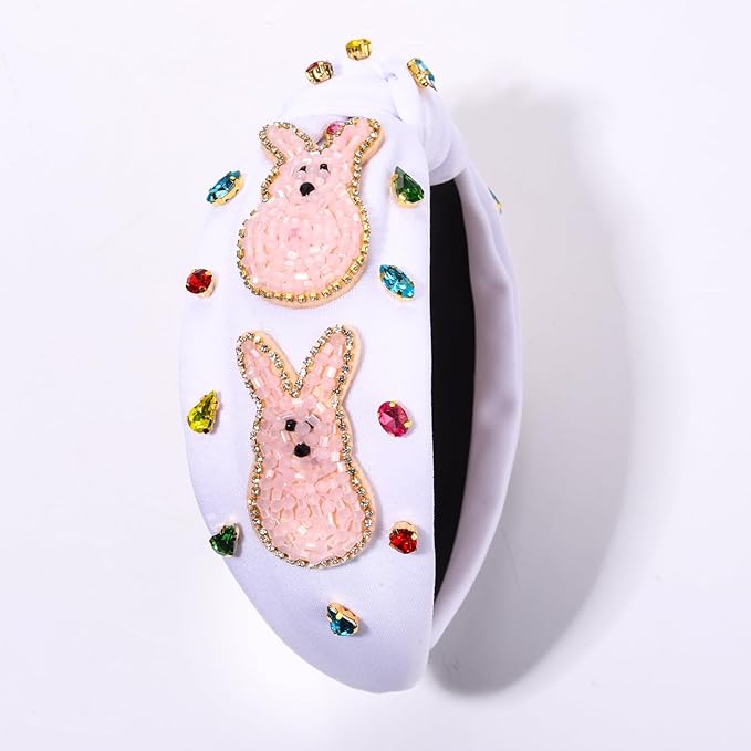 mokkia Easter Headbands Beaded Rabbit Bunny Headband for Women Pink Spring Knotted Headband Easter Hair Accessories Gifts