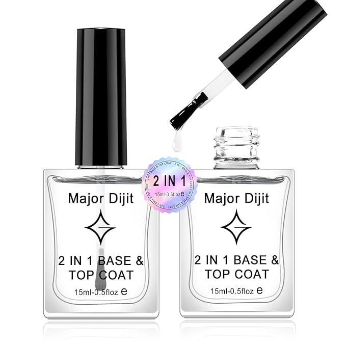 Major Dijit Clear Base & Top Coat 2-in-1 Nail Polish – Quick Dry, Long-Lasting, High Gloss Protective Formula – 0.5 Fl Oz