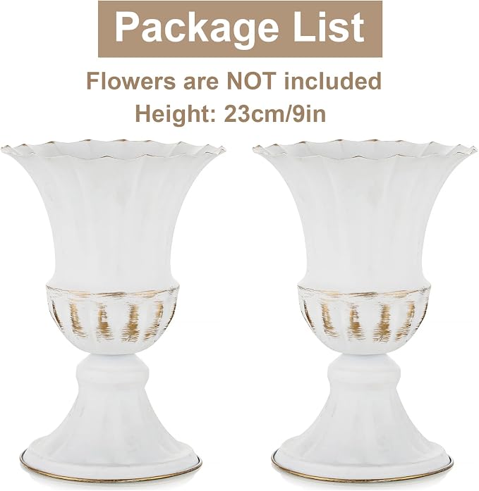Sziqiqi White Metal Vase for Centerpiece, Table Flower Arrangements, 2Pcs | 9in Tall Compote Vase, Trumpet Urn Vase for Decoration, Planter Pot for Artificial Flower, For Reception, Home, Party Decor