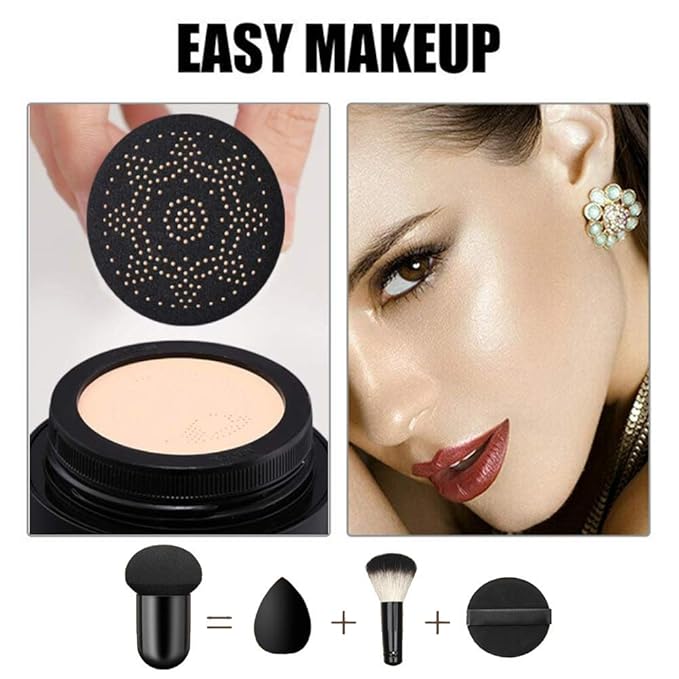 Air Cushion CC Cream Mushroom Head Cushion Foundation, BB Cream Face Makeup for Mature Skin Moisturizing Concealer Brighten Long-Lasting, Even Skin Tone for All Skin Types (2 PCS Nude)