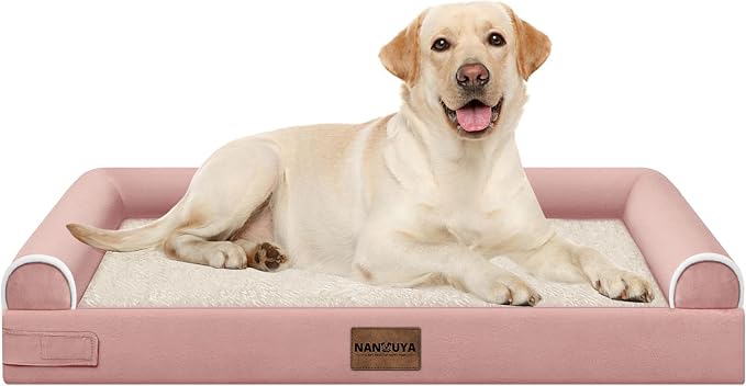 Orthopedic Dog Bed for Large Dogs, 38 x 25 Inch, Pink | Egg crate foam for joint support, 3-sided bolster pet sofa, waterproof lining, washable cover, and non-skid base