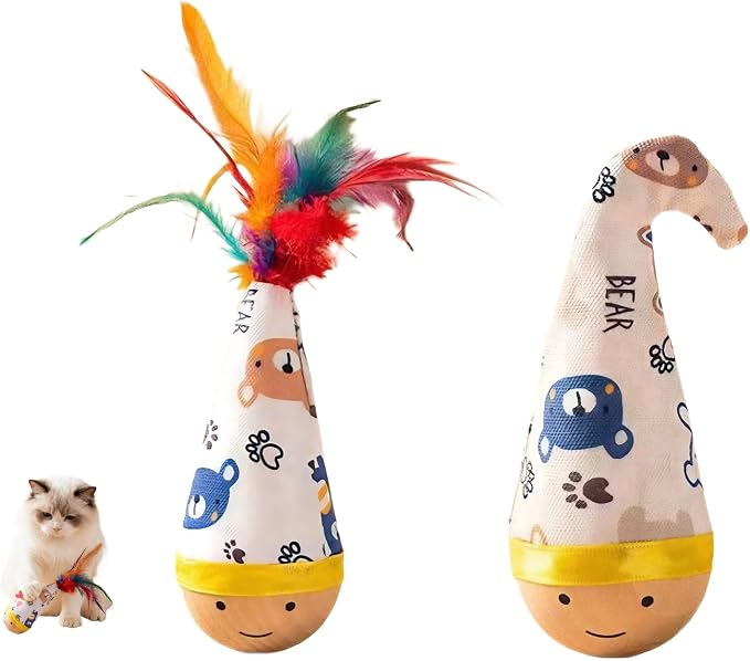 Natural Beechwood Cat Toy, 2-Pack Weeble Wobble Tumbler Toy for Indoor Cats & Small Dogs, Self-Righting Interactive Toy with Colorful Feathers, Silent Battery-Free Play for Solo Exercise