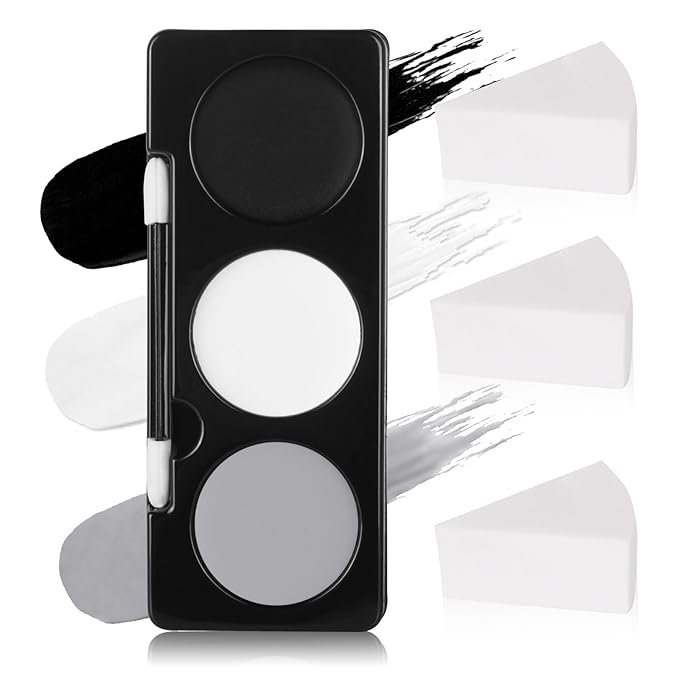 Black White Light Grey Face Paint + 3PCS Sponge + Brush,3 Colors Gray Body Paint Palette for Zombie Skeleton Vampire Cosplay,Skull Black White Halloween SFX Makeup Kit,21g