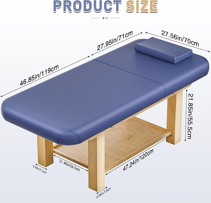Heavy Duty Frame Professional Massage Table with Adjustable Backrest & Height Legs & Face Pillow, PU Leather, for Treatment, Physical Therapy, Spa Facial Professional Massage (Wood, Blue)