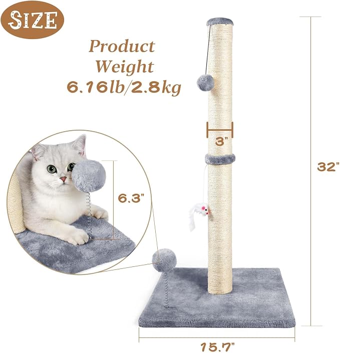 ANWA 32" Tall Sisal Cat Scratching Posts Tree for Indoor Cats Adults, Gray | Sisal Cat Scratcher, Small Space, Cat Post with Dangling Plush Toys for Indoor Cats, 15.7" Stable Base, Cat Furniture