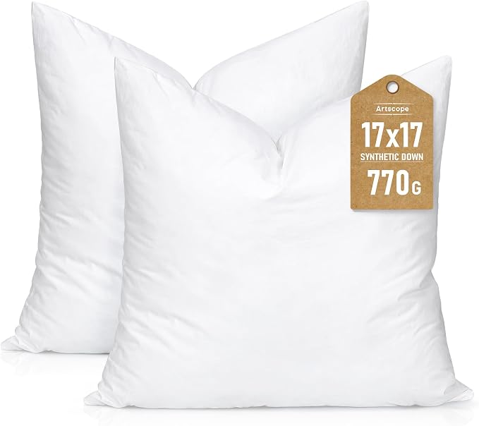 Artscope Synthetic Down Pillow Insert, 17x17 Throw Pillow Inserts Set of 2 | Down Alternative Ultra Soft Fluffy Sleeping Pillow, 100% Cotton Cover, Decorative Pillows-White