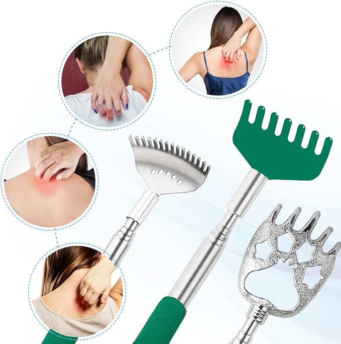 Yeipis 3 Pack Different Back Scratcher Metal Portable Telescoping Back scratchers with Rubber Handles, Extendable Back Massager Tool with Beautiful Box Great Stocking Stuffers（Green）
