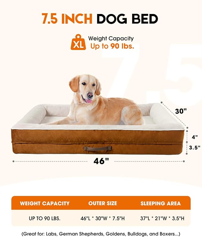 Upvilla Orthopedic Dog Bed XL, Four-Sided Dog Sofa, Washable Cover, Brown | Removable Waterproof Dog Bed Cover, Egg-Crate Orthopedic Foam, Built-In Carry Handle, Indoor Large Pet Beds, Cat Beds