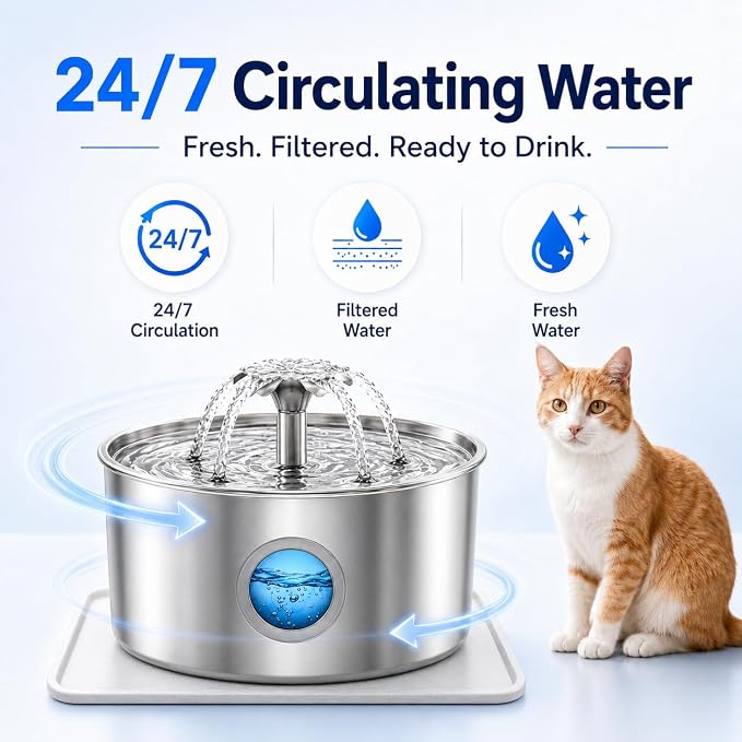 Cat Water Fountain, 3.2L 108Oz Stainless Steel Pet Fountain, 4 Filters | Stainless steel cat fountain, dishwasher safe with triple filtration, quiet pump and visible water window for cats and dogs.