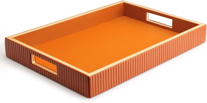 Leather Tray Desktop Storage Organizer, Rectangle Valet Tray, Orange | Premium Serving Trays with Handles, Decorative Tray Desk Organizer for Sundries Cosmetics Phone Wallet Keys Cutlery