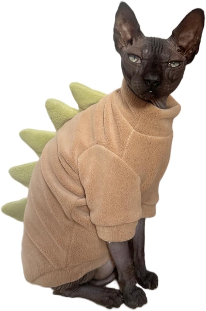 Khaki Dinosaur Sphynx Cat Clothes Sweater Hairless Cat Apparel | Soft, Elastic, Warm Polar Fleece,Winter Warm Outfit