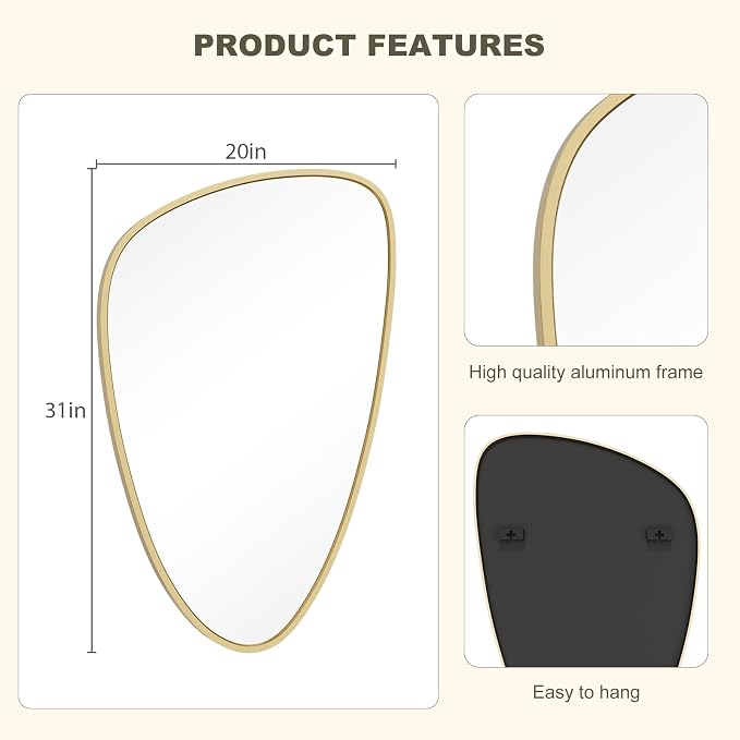 Asymmetrical Mirror, Irregular Wall Mirror, Wall Mirrors Decorative for Bedroom Living Room entryway Hall, Wall Mirror for mid Century Modern Decor 31" H x 20" W, Gold
