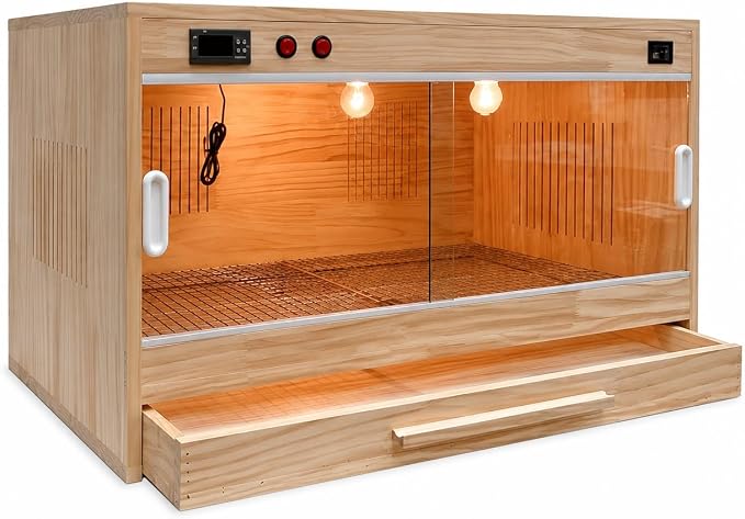 Wood Pet Breeding Box Thermostatic, Pull-Out Tray for Easy Cleaning, Thermometer, Hygrometer, Sliding Glass Door, Ceramic Lamp Holder, for, Smart Thermostatic, 60x40x40 CM