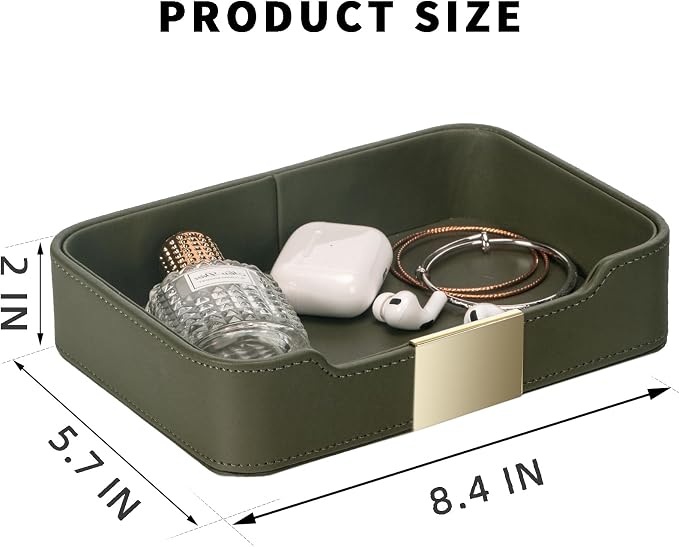 Luxury Leather Tray Organizer, Valet Tray Key Bowl (Khaki Green) | Key Catchall Tray for Entryway Table Desktop Storage, Decorative Tray for Jewelry Keys Wallet Phone Watch, Metal Gilded