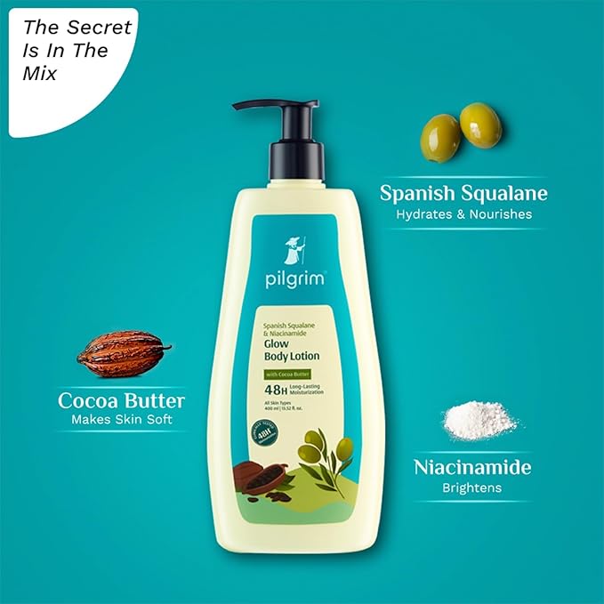 Pilgrim Glow Body Lotion with Spanish Squalane & Niacinamide | Lightweight Daily Moisturizer for Dry, Dull Skin | Long-Lasting Hydration & Smooth Feel | 13.53 Fl Oz (400ml)