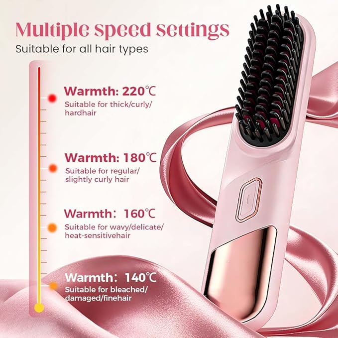 2026 Hair Straightener Brush, Cordless Hair Straightener Brush for Short Hair, Mini Portable Travel Straightening Hair Comb Brush with 4 Temps Fast Heating for Women, All Hair Types (Pink)