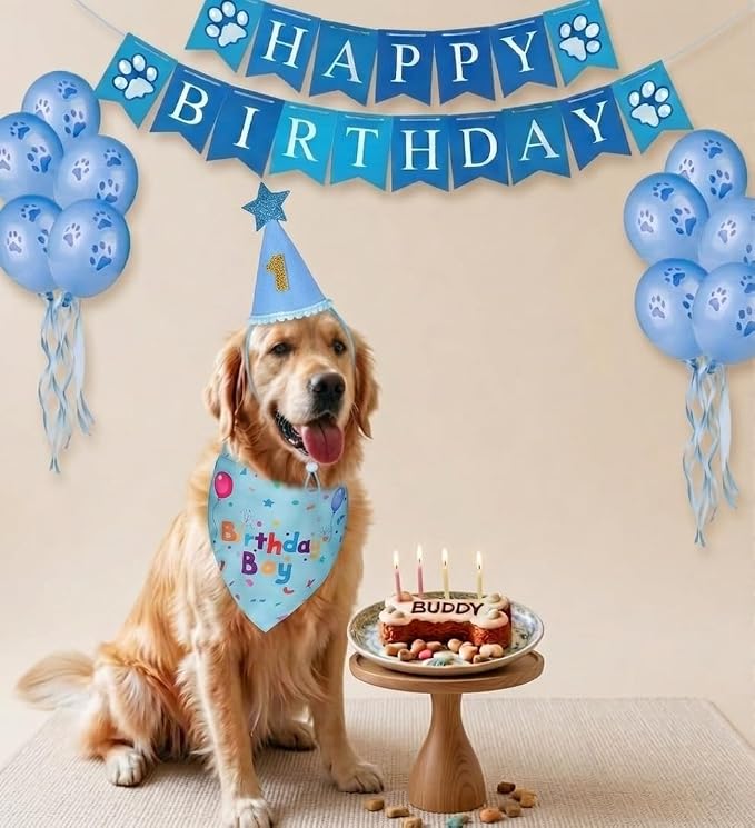 Dog Birthday Party Supplies, Dog Birthday Bandana Set, Blue