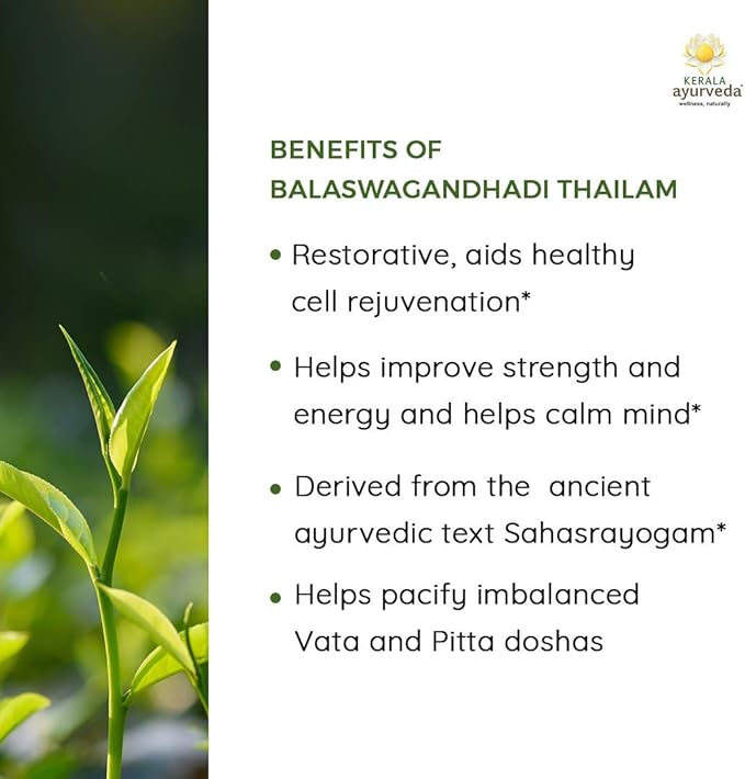 Kerala Ayurveda Balaswagandhadi Thailam - Ayurvedic Massage Oil for Body with Ashwagandha - Balances Vata and Pitta, Calms Mind, Nourishes Body & Tones Muscles, 6.76 Fl Oz