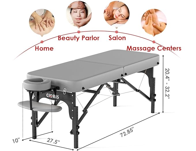 CLORIS 84" Professional Massage Table Portable Reinforced Wooden Leg 2 Folding Lightweight Spa Salon Tattoo Massage Bed Height Adjustable Hold Up to 1100LBS with Carrying Bag Grey