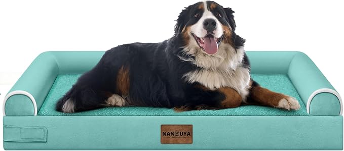 Orthopedic Dog Bed for Jumbo Dogs, 53 x 42 Inch, Aqua Blue | Egg crate foam for joint support, 3-sided bolster pet sofa, waterproof lining, washable cover, and non-skid base