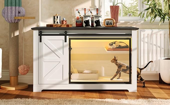 Cat Bed Cave Large Litter Box Enclosure with LED Light, Hidden Cat HOU,A2