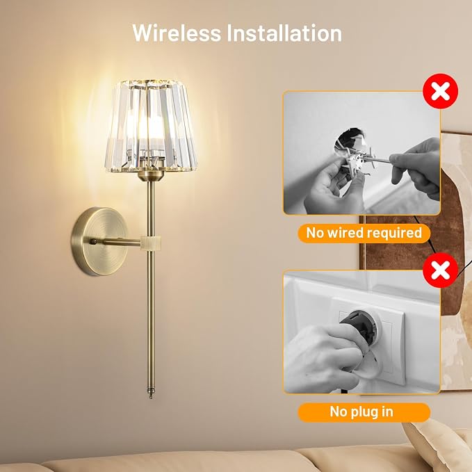 Crystal Battery Operated Wall Sconces Set of 2, Brass Rechargeable Wireless Wall Lights with Crystal Lampshade, 12 RGB and 3CCT Dimmable Wall Lamp with Remote for Bedroom Living Room Hallway