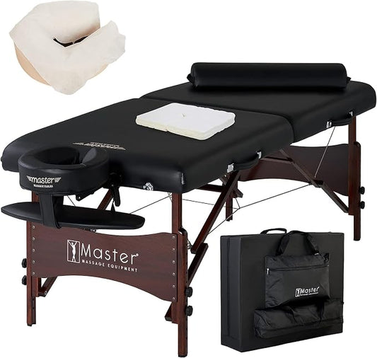 Master Massage Roma II Portable Massage Table Bed Package with 2.5" Cushion, Half Round Bolster, Disposable Face Cover, Black, 30" Salon Beauty Tattoo Lash Facial Bed
