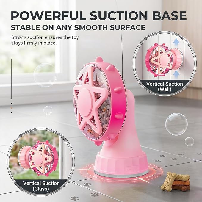 2-in-1 Interactive Cat Toy, Rotating Treat Dispenser with Strong Suction Cup & Teaser Wand, Adjustable Slow Feeder Puzzle Toy for Cats, Boredom Relief & Mental Stimulation Fits Kibble ,Treats (Pink)