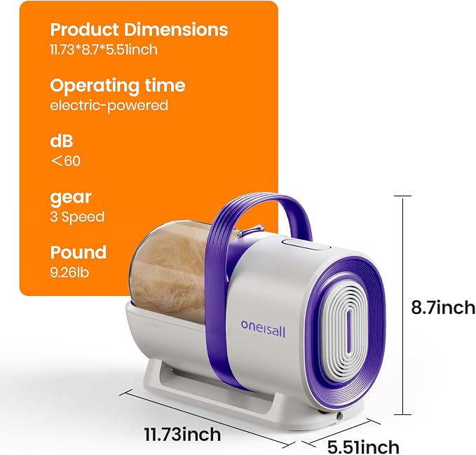 oneisall Dog Grooming Vacuum with Clipper & Nail Grinder&Trimmer | 7 Pet Grooming Tools, Deshedding Brush, Removes Shedding Hair, Pet Home Cleaning,1.5L Dust Cup, Purple Available
