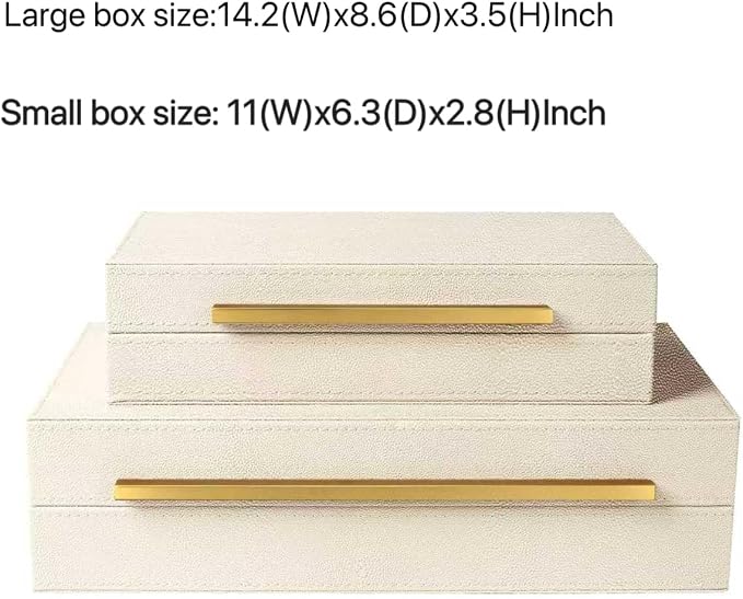 Sagala Set of 2 Beige Shagreen Decorative Boxes With Gold Metal Handles, Faux Leather Jewelry Boxes Modern Storage Boxes Photo Boxes Memory Boxes Home Organizer (Beige-Gold Handle)