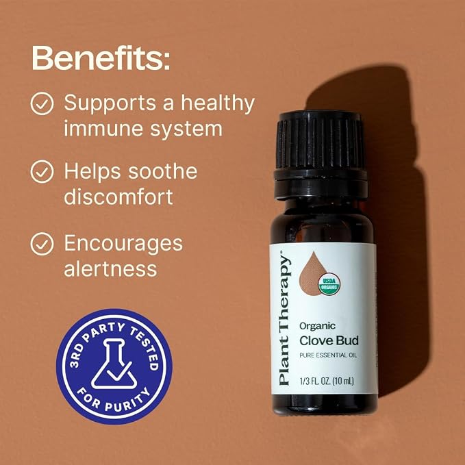 Plant Therapy Organic Clove Bud Essential Oil, 10 mL (1/3 oz), 100% Pure and Undiluted, USDA Certified Organic, Fresh and Spicy Scent, Great for Aromatherapy