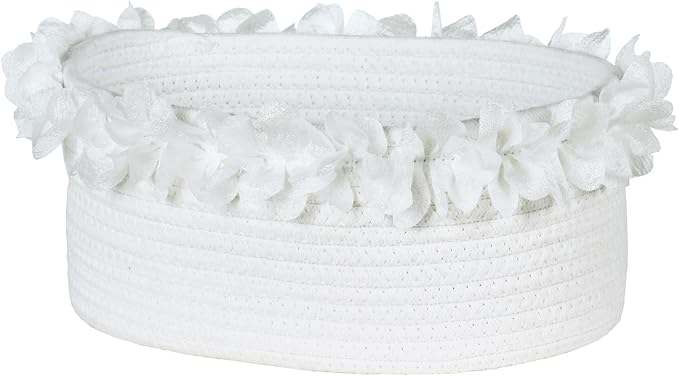 Yimi's Dream White Cotton Rope Gift Basket with Organza Lace, 12 x 8 in | Elegant Decorative Woven Basket for Weddings, Baby Shower, Newborn Photos, Easter, Nursery, Gifts, Toys, and Home Decor