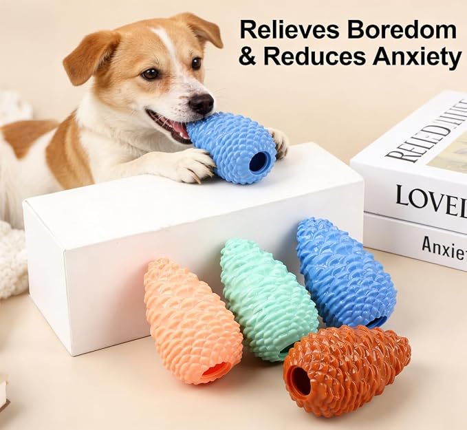 4-Pack Pine Cone Dog Chew Balls – TPR Interactive Treat Dispenser Toy for Small & Medium Dogs, Teeth Cleaning & Boredom Relief, Includes Brown, Green, Blue&Orange，3.86 x 2.28 Inch