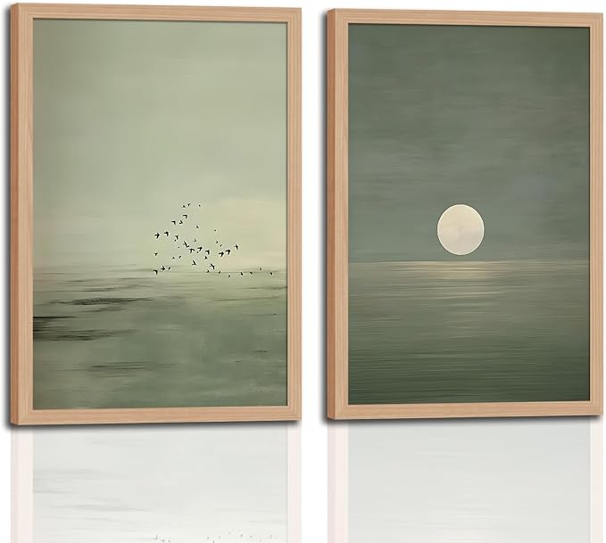 skysoon Japanese Zen Wall Art Set of 2, Sage Green Japandi Landscape Print | Japandi Scandinavian Boho Painting, Framed Picture Wall Decor for Living Room Bedroom Office 16x24 Inch