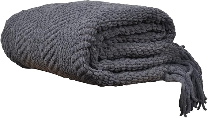 BATTILO HOME Dark Grey Throw Blanket for Couch, 50"x60" | Knit Charcoal Throw Blanket Versatile for Chair, Super Soft Warm Grey Blanket with Tassels for Bed, Sofa and Living Room