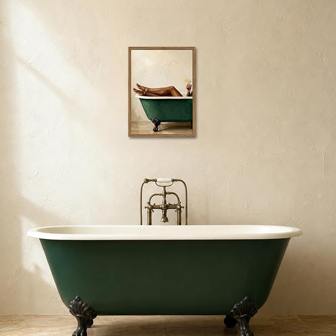 Black Woman Green Bathtub Wall Art Modern Luxury Bathroom Wall Decor Painting, Vintage Afrocentric Girl Bathroom Poster Canvas Print Picture 12x16 inch Wood Framed