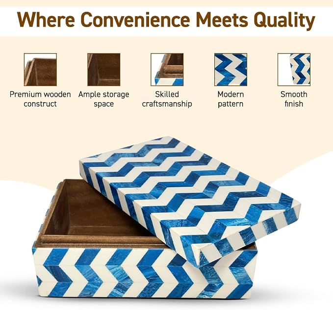 Perilla Home ﻿Home Decor Decorative Storage Wooden Box Small Wooden Organizer Tool Stash Card Craft Trinket Memory Keepsake Jewelry Box for Men and Women, Chevron, Gifts For All, Blue and Off White