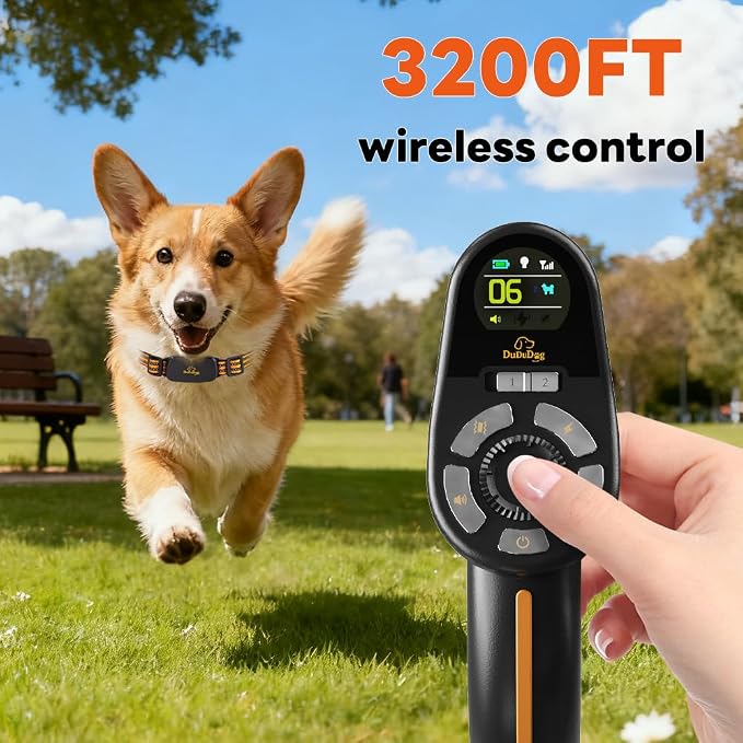 DuDuDog Training Shock Collars with 9.8FT Retractable Leash – 3200FT Remote E-Collar for Small & Large Dogs, Color Screen Display, Beep Vibration Static, IP67 Waterproof, USB-C Rechargeable