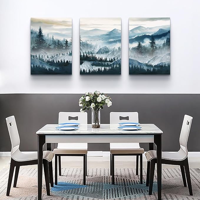 MHARTK66 Wall Art for Living Room,Mountain Landscape Wall Decor,Large Foggy Forest Artwork for Walls, 3 Piece Nature Paintings Prints for Bedroom Hallway Office Kitchen Home Decorations, 20x28 Inch