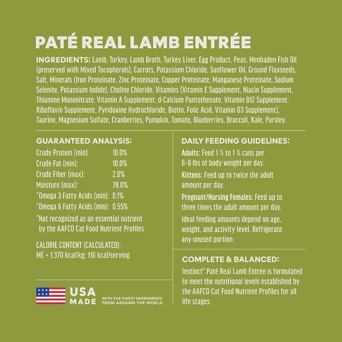 Instinct Pate Entrees, Wet Canned Cat Food, Real Lamb, 3 oz (24 Count) | Rich & creamy pate texture, high protein, real lamb, whole-food ingredients, grain-free, hydration support