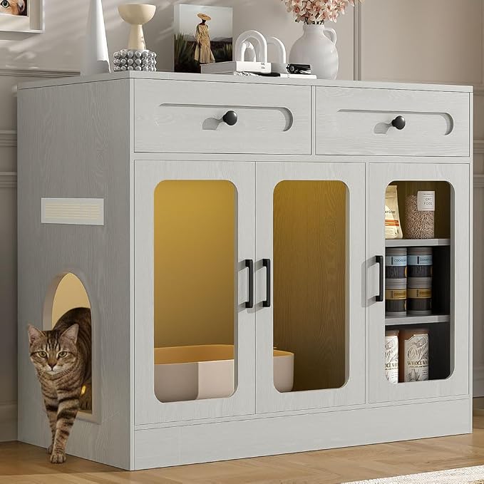 Cat Litter Box Enclosure Furniture with Glass Doors & LED Light, Large Hidden Litter Box Cabinet with Drawers and Adjustable Shelf, Modern Cat Litter Box Cover Side Entry for Living Room Bedroom,Gray