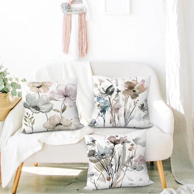 Watercolor Floral Throw Pillow Covers 18x18 Set of 6, Nature Home Decor | daisy Floral, decorative cushion cover, Breathable Linen, standard Throw Pillow Size, modern Decor, Couch Sofa Living Room