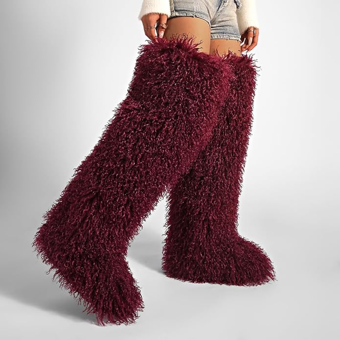 SWEETHEART BEAUTY Thigh High Shagy Teddy Fur Boots, 29 Inch Over the Knee Length Fluffy High Boots, Tall Furry Shoes For Women