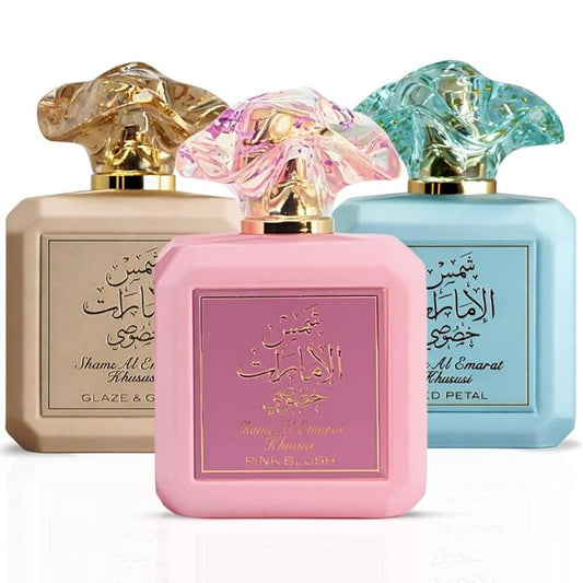 Ard Al Zaafaran Shams Al Emarat Khususi Pink Blush, Glaze & Glow & Iced Petal Eau de Parfum Sprays 100ml (3.4 oz)