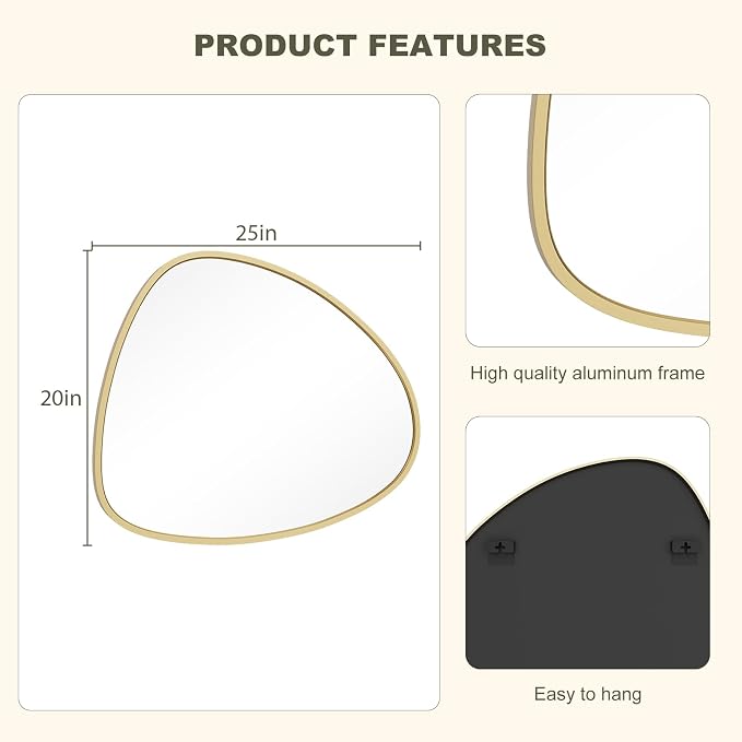 Asymmetrical Mirror, Irregular Wall Mirror, Wall Mirrors Decorative for Bedroom Living Room entryway Hall, Wall Mirror for mid Century Modern Decor 25" H x 20" W, Gold